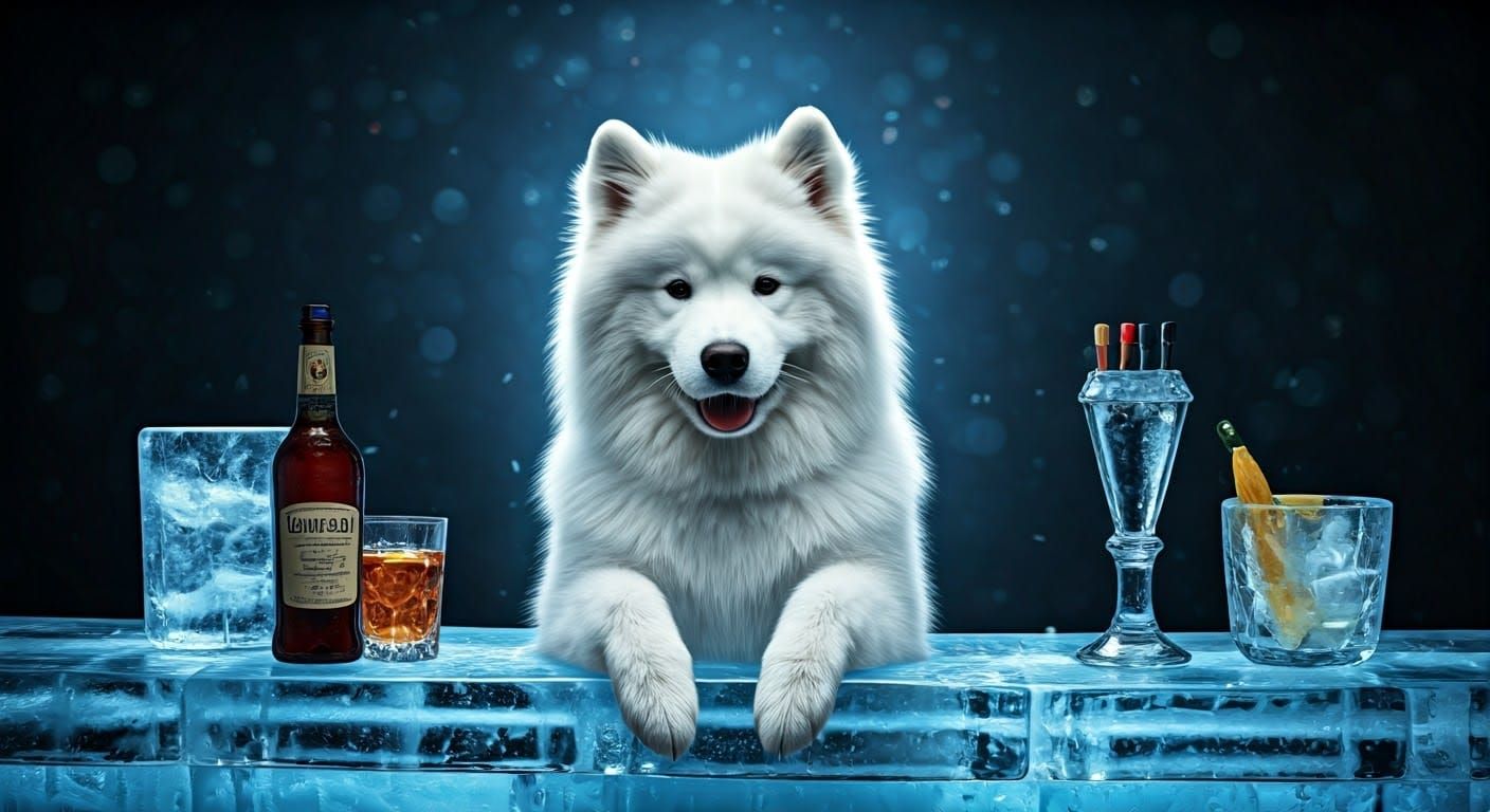 Samoyed Bartender in Icy Bar