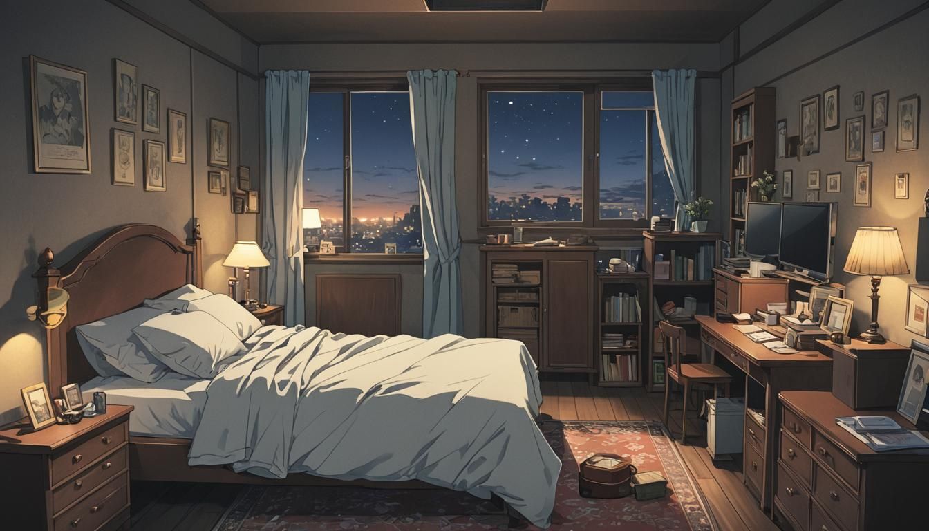 Dimly Lit Bedroom in Anime Style at Night