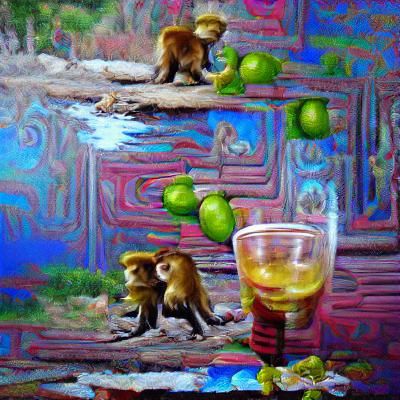 Monkeys Celebrate Tequila in Mexican Jungle: Acrylic Oil Pai...