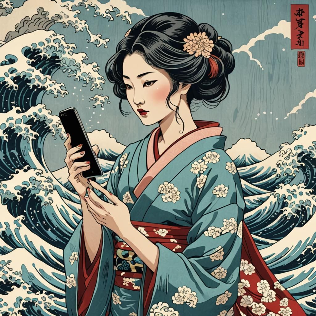 Girl with Phone in Ukiyo-e Style