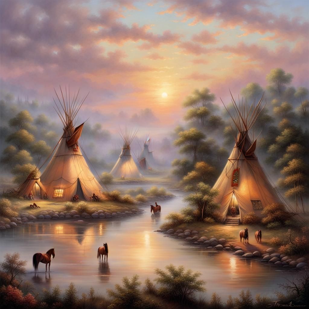 Prairie Tipi Village at Sundown in Fantasy Style