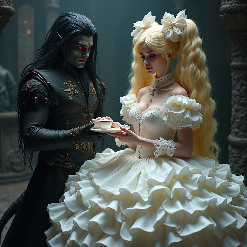 Regal Demon King Served Tea by a Dainty Maid in a Victorian-...