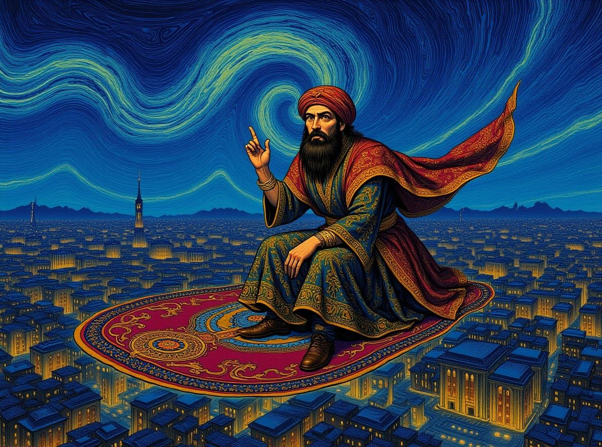 Wizard on Flying Carpet Over Arabian City