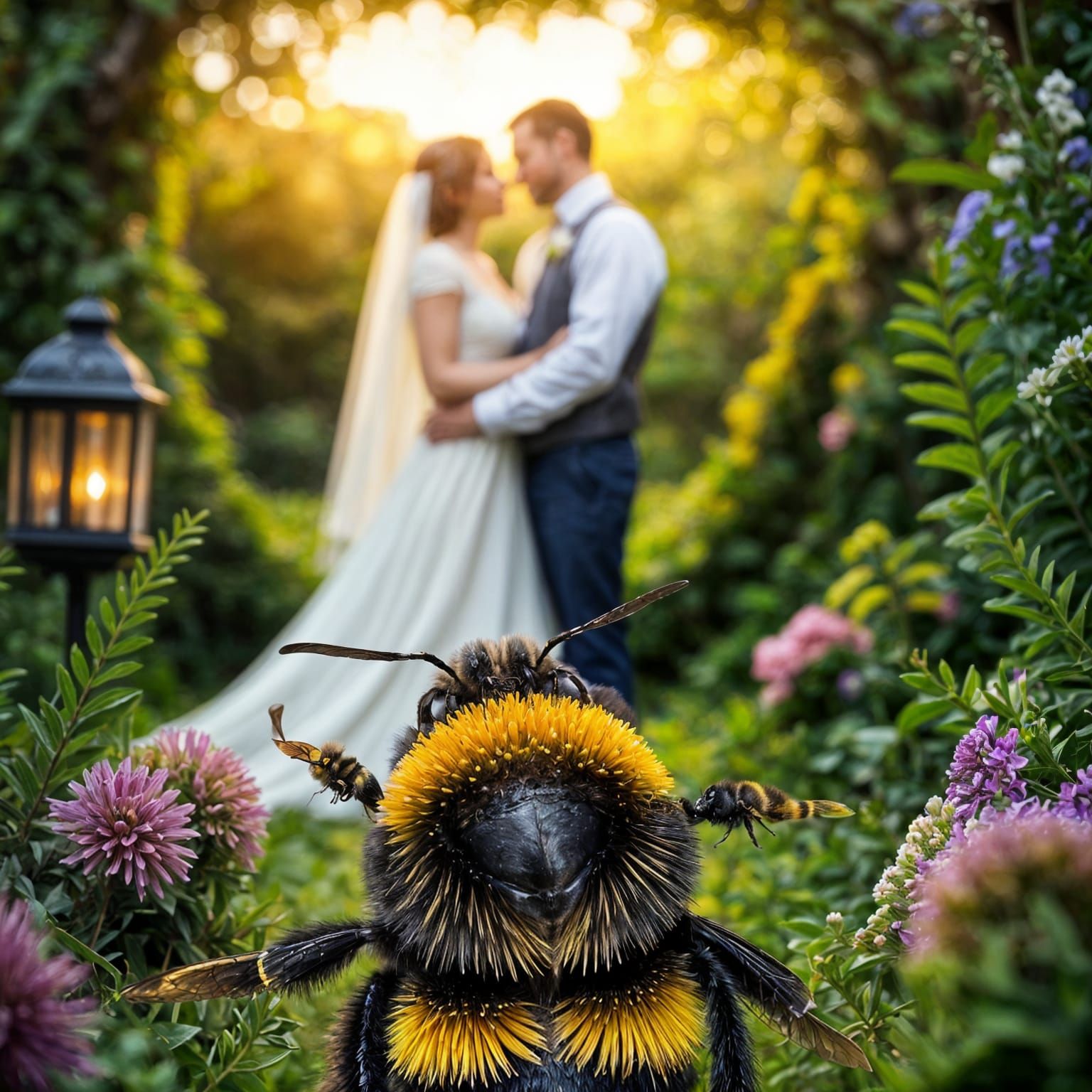 Bumblebee Photobombs Wedding in Humorous Matte Painting