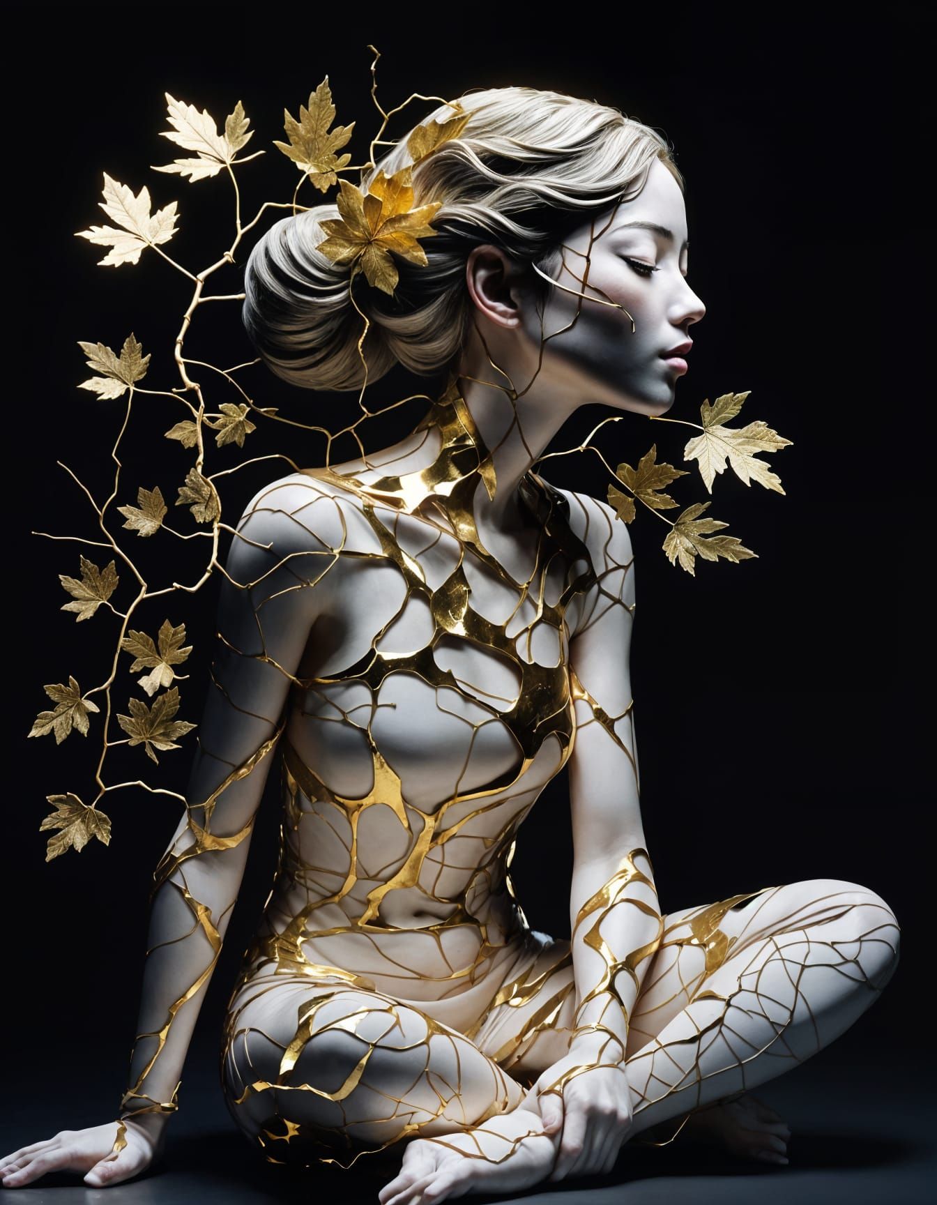 Elegant Kintsugi Goddess with Golden Cracks and Vines