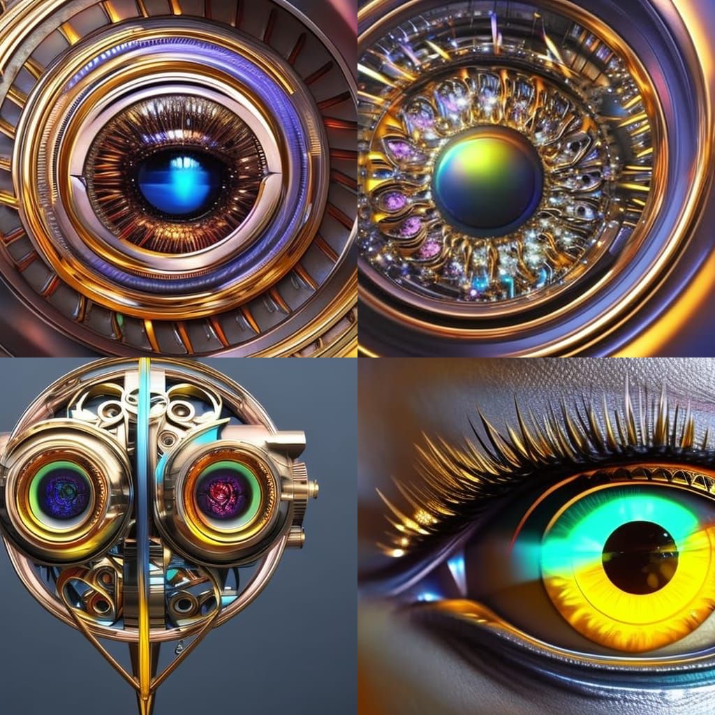 Gold and Titanium Mechanical Eye in Splash Art Style