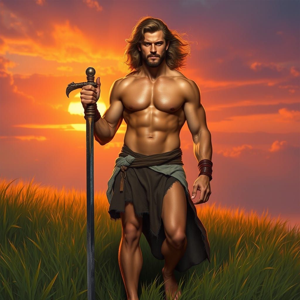 Muscular Warrior Embracing Sunset