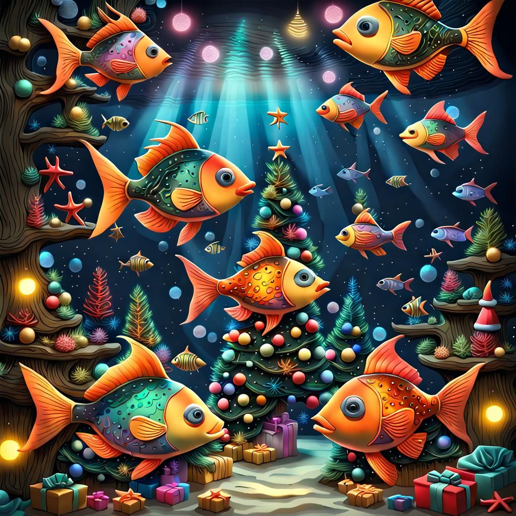 Underwater Christmas with Cartoon Fish Family