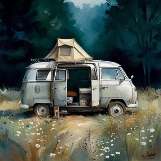 Grey Campervan Camping in France, Detailed Illustration