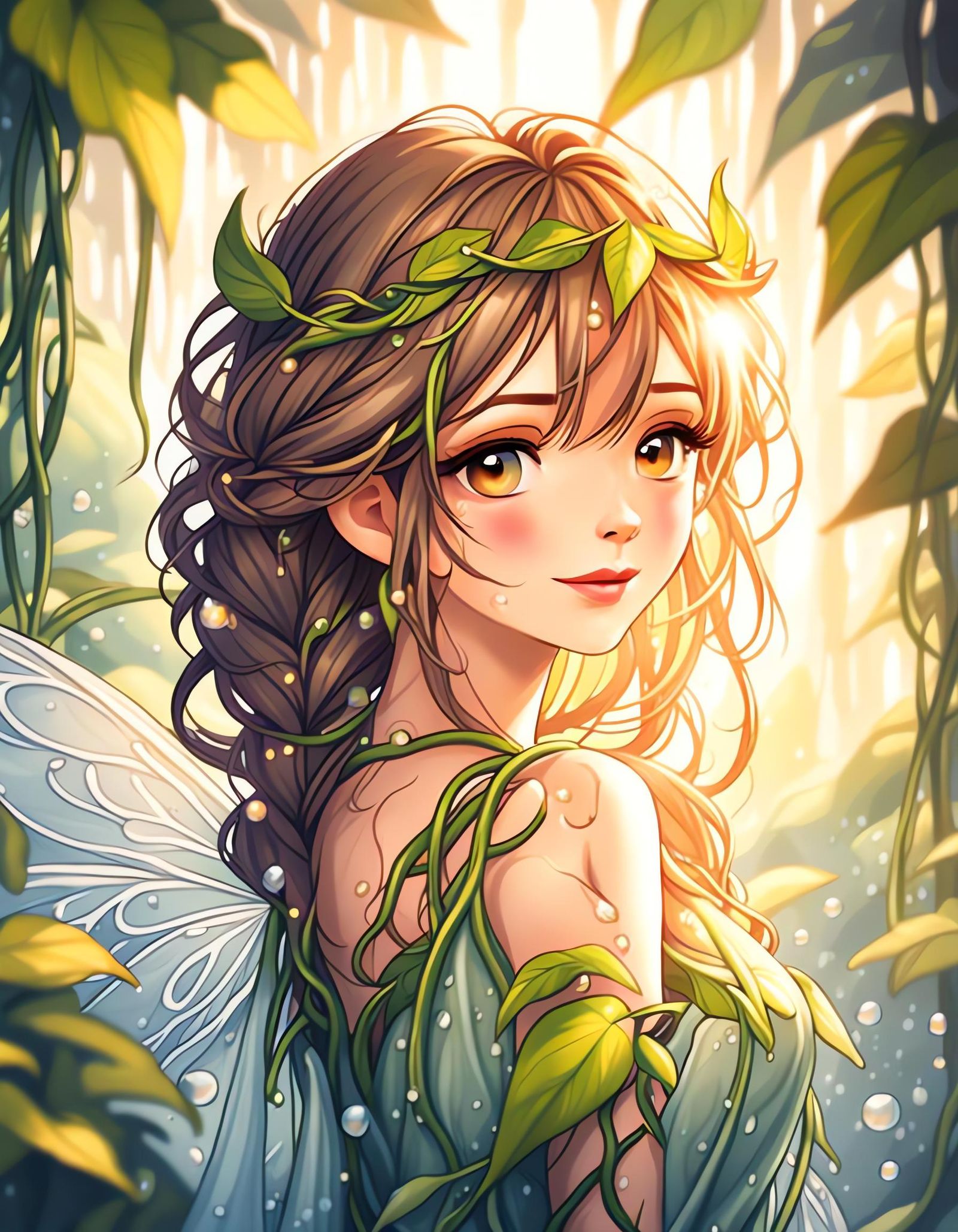 Smiling Fairy with Braided Hair and Leaf Dress