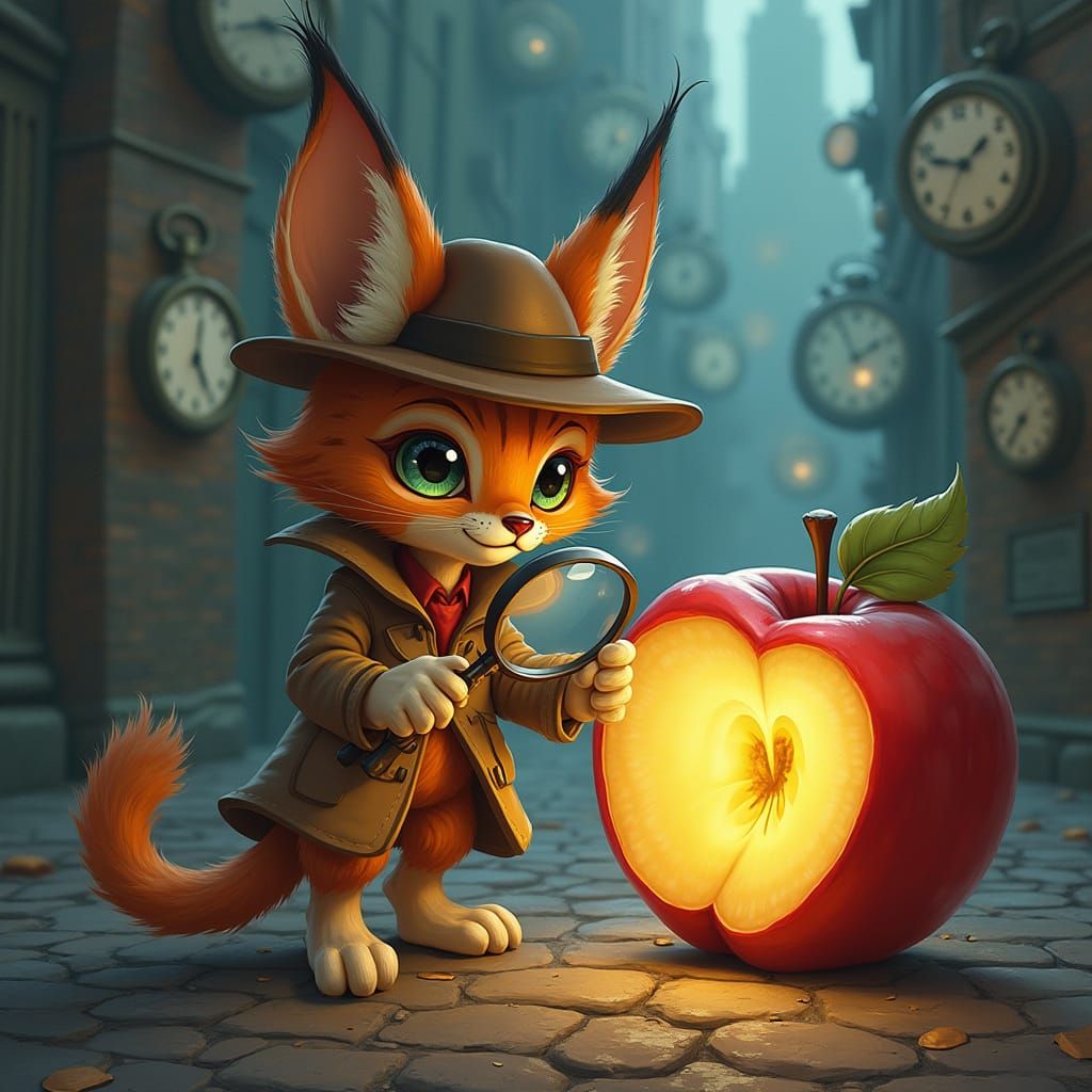 A whimsical detective lynx cub, wearing a tiny trench coat a...