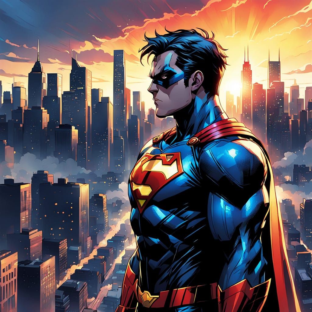 Comic Book Superhero Confronts City Skyline in Sunset Glow