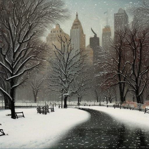 Central Park Winter Snowfall: Intricate Detailed Painting