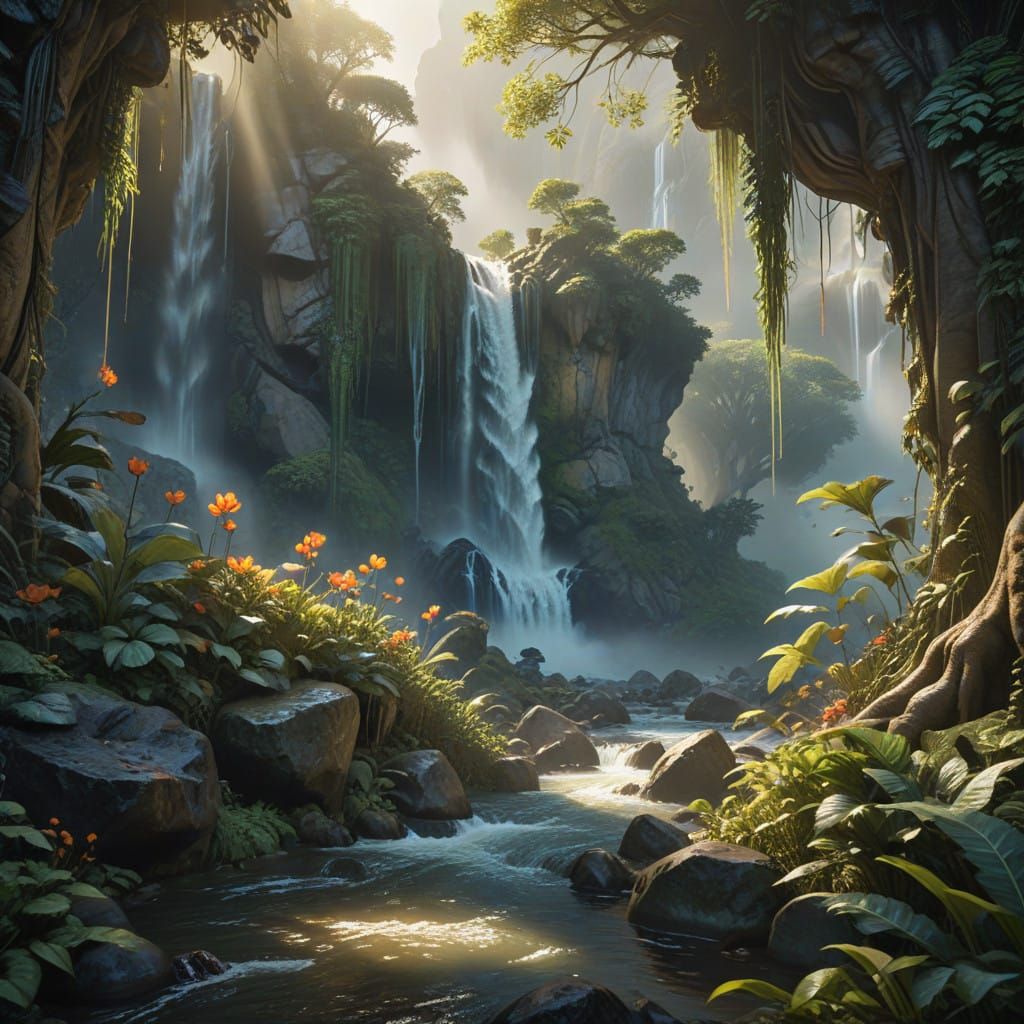 Exotic Waterfall Paradise in Dreamlike Watercolor Realism