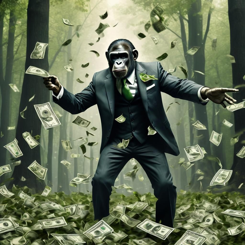 green leaves falling from the trees turn into dollar bills, trees are being cut down in the background, greedy, selfish,...