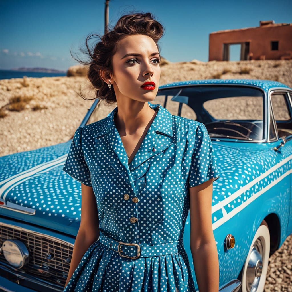 Surreal Woman in Polka Dot Dreamscape