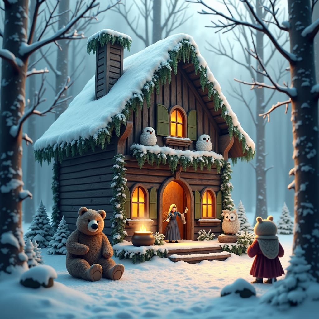 Winter Witch's Dollhouse in Snowy Russia, Detailed Matte Pai...