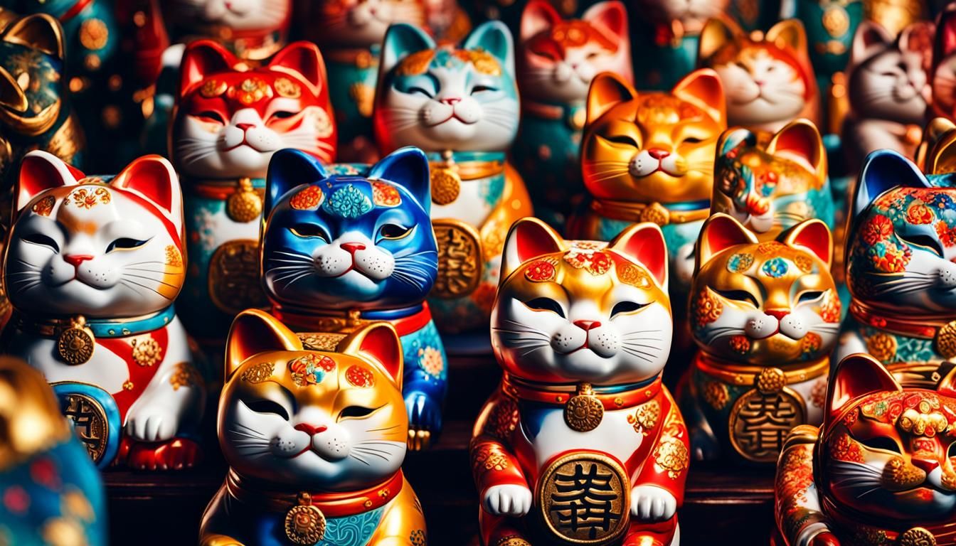 Wall of Lucky Cats in Hyperrealistic Splash Art