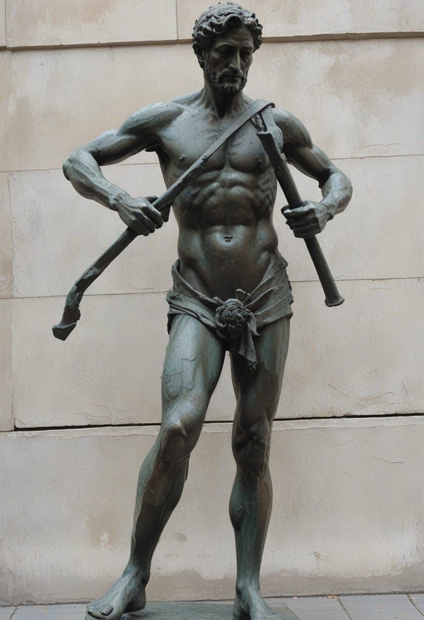Bronze Statue of Nude Man Holding Broken Crutch