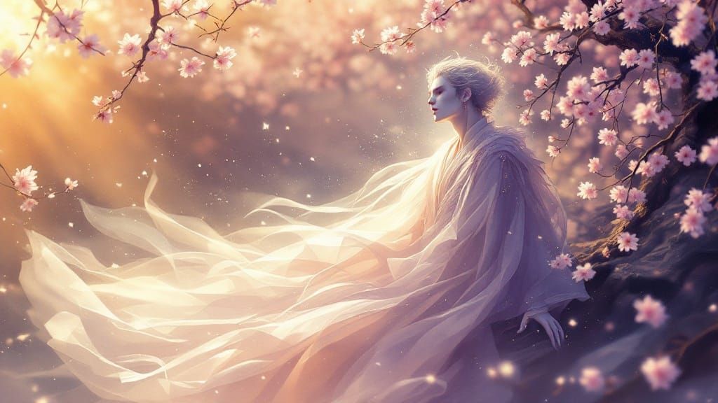 Prince in Serene Japanese Garden with Cherry Blossoms and Ge...