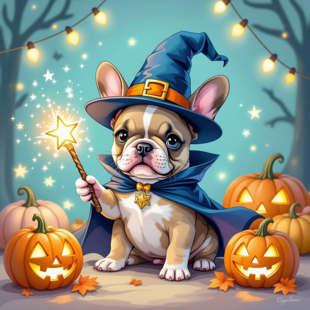 Kawaii French Bulldog Wizard with Pastel Pumpkins