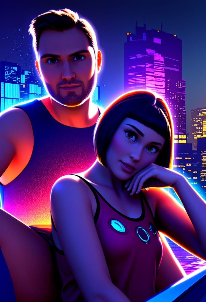 Surreal Futuristic Cityscape with Robot and Woman