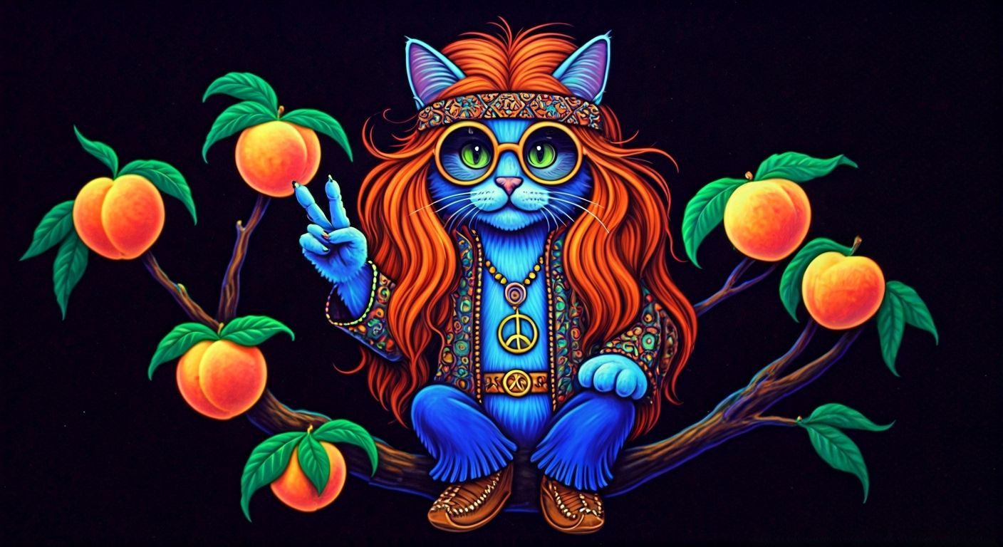 Psychedelic Hippy Cat in Peach Tree Painting