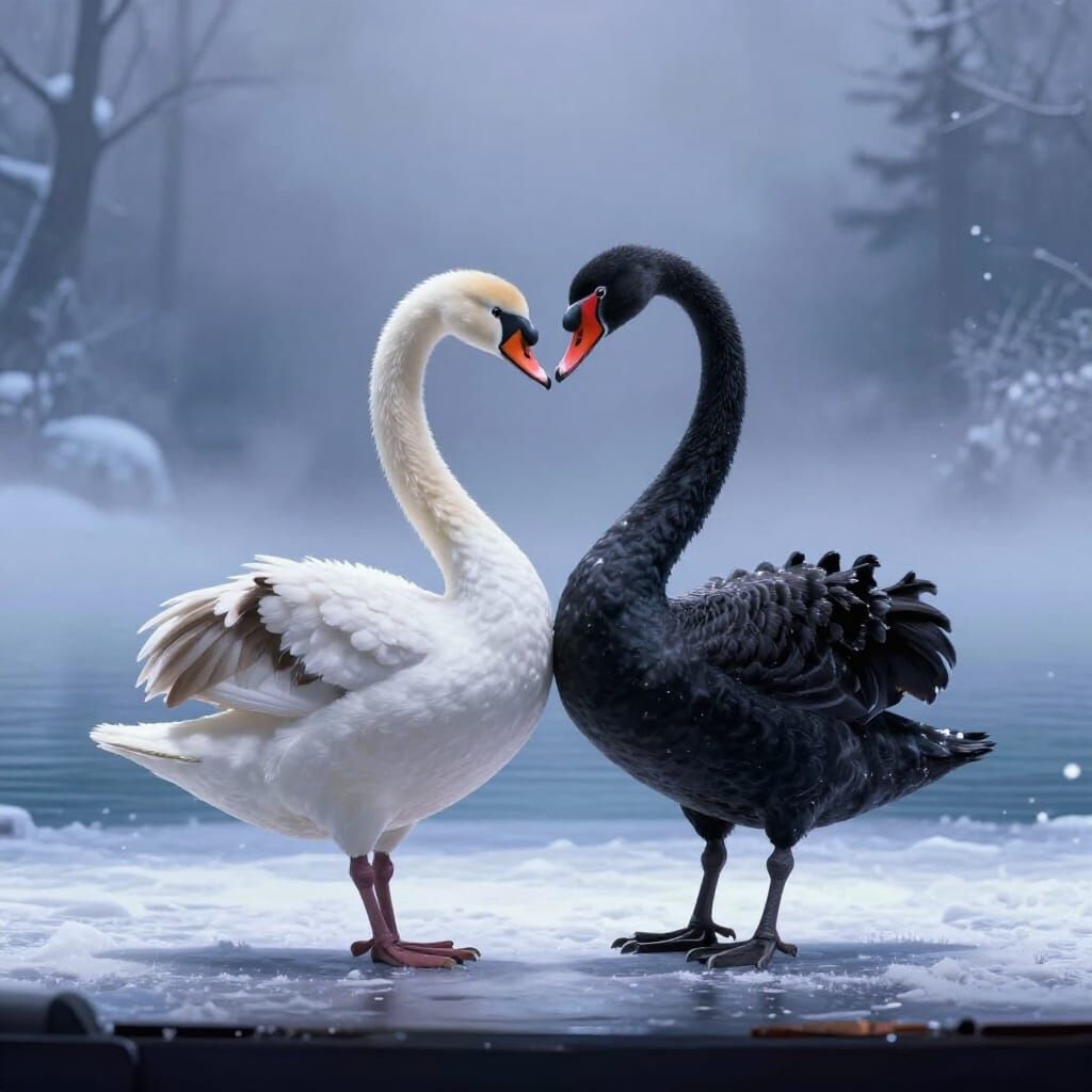 Black and White Swans Form Heart Shape on Snowy Lake Stage