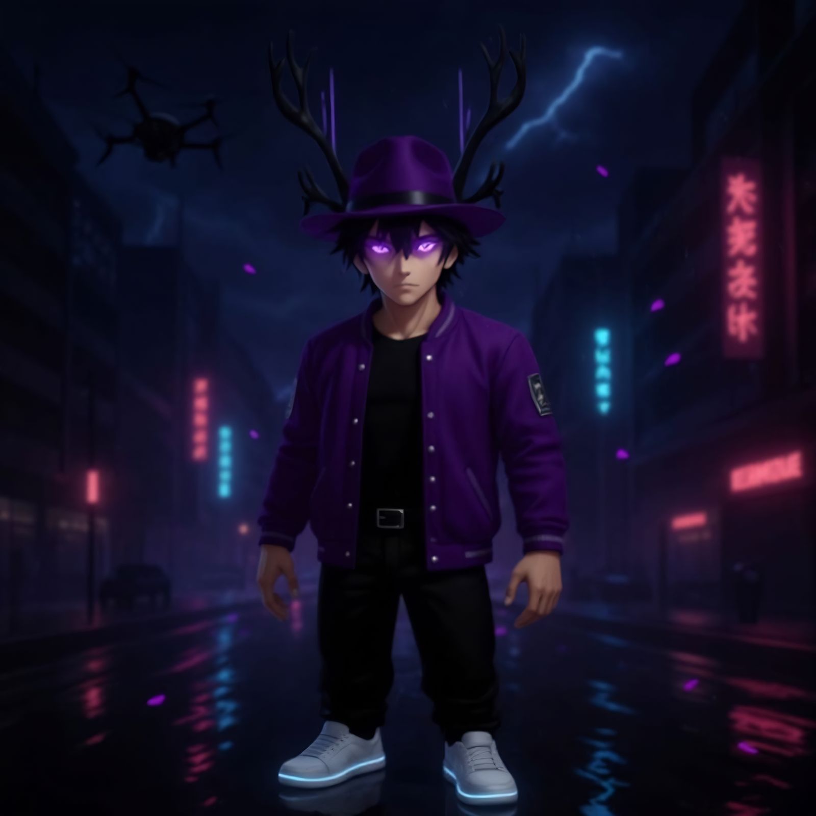 Anime Man with Antlers in Cyberpunk City