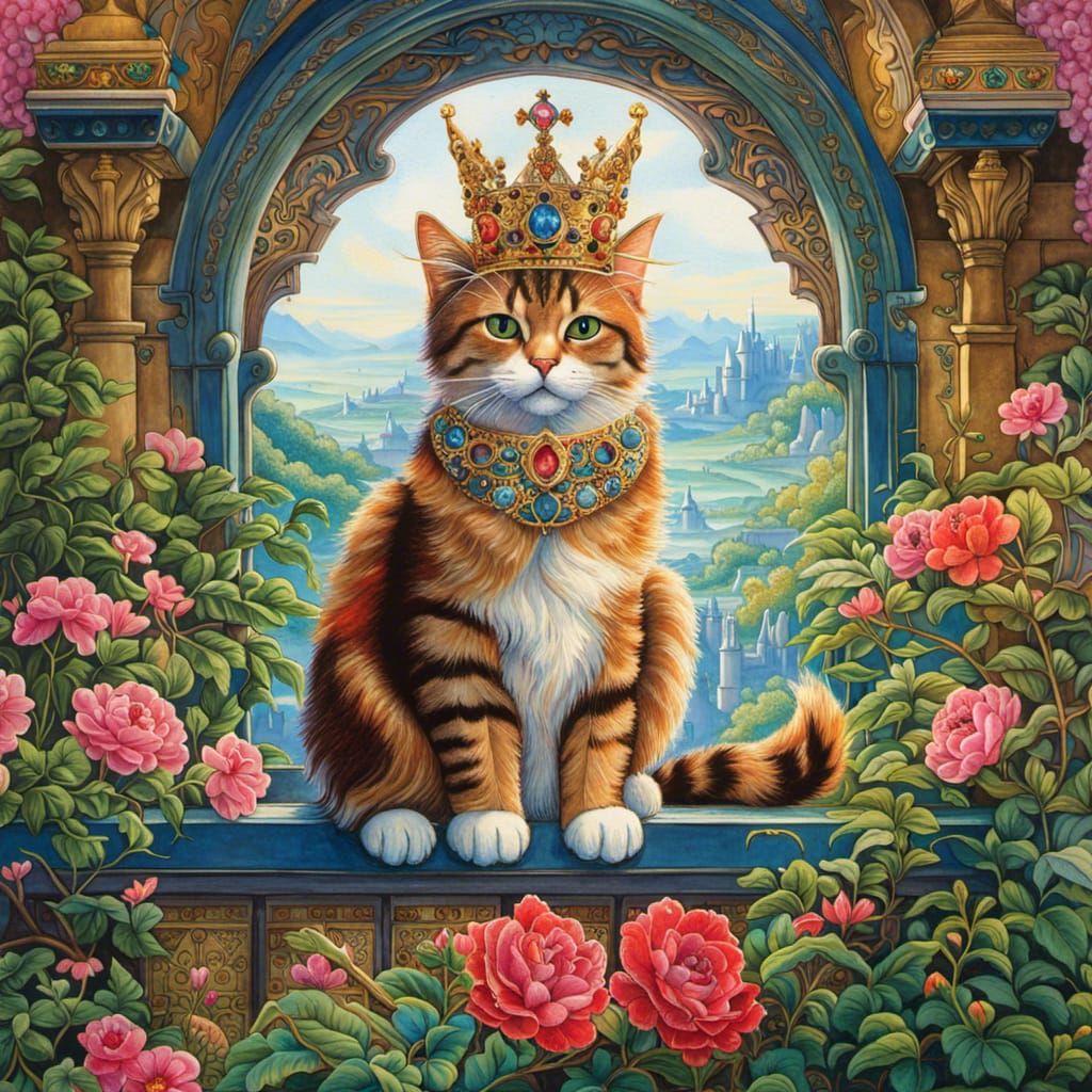 Crowned Cat in Castle Garden, Fantasy Art