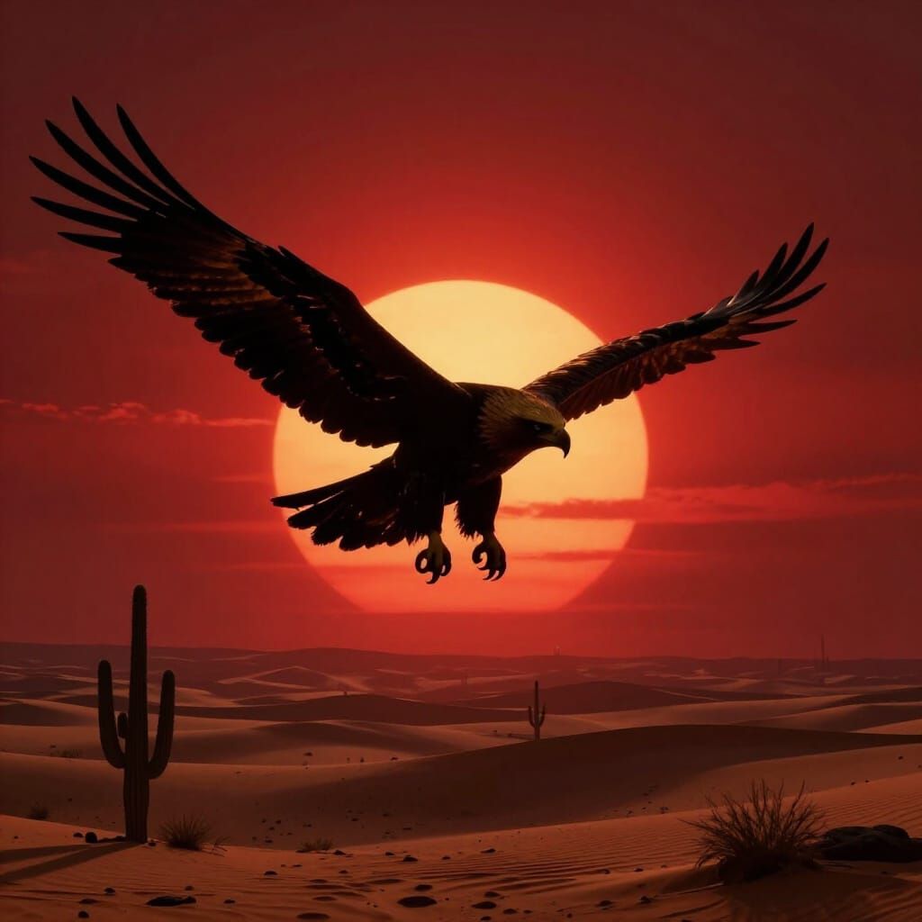 Golden Eagle Soars Over Fiery Desert Sunset