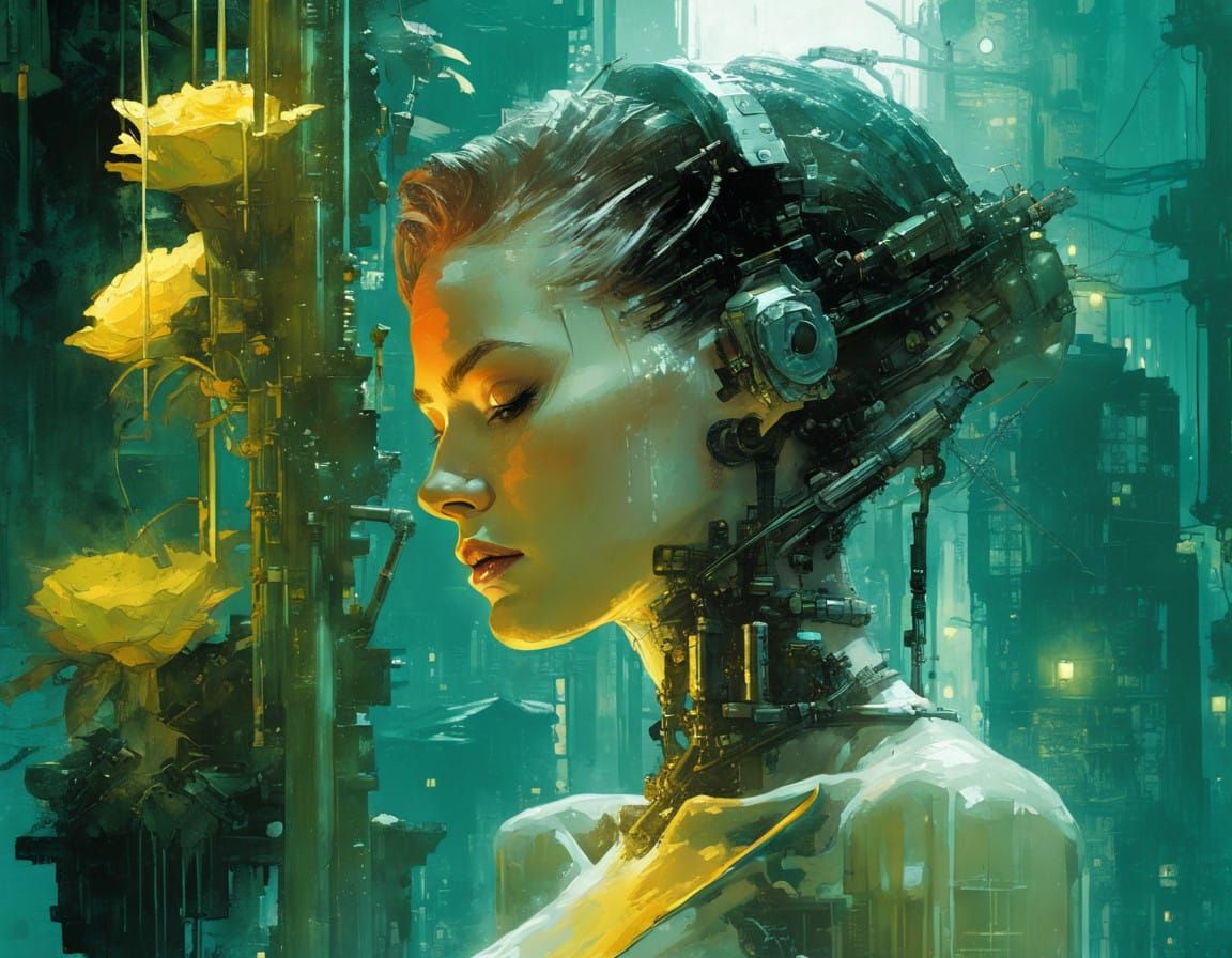 Cyberpunk Woman with Robotic Neck Prosthesis in Glass Tube