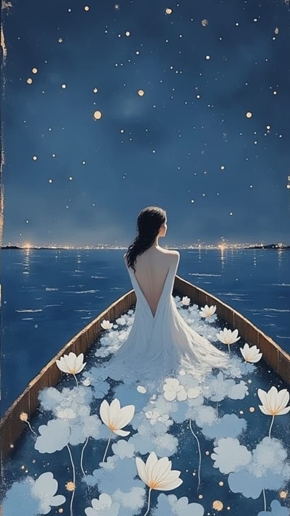 Ethereal Woman in a Dreamy Starry Night Scene