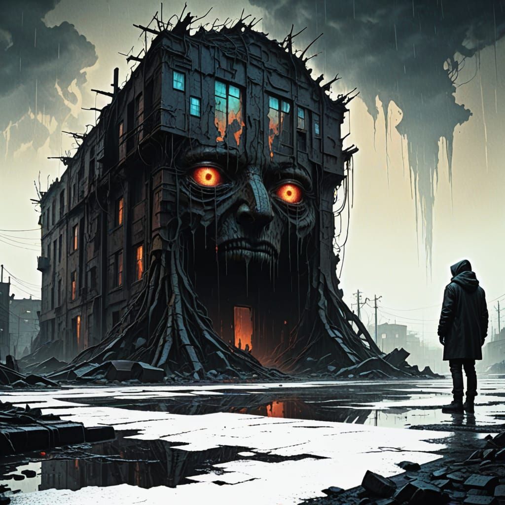 Dystopian Figure in Surreal Dark City, Beksiński Style