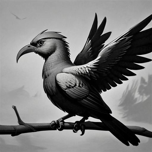 Furious Bird on Branch: Mid-20th Century Charcoal Sketch