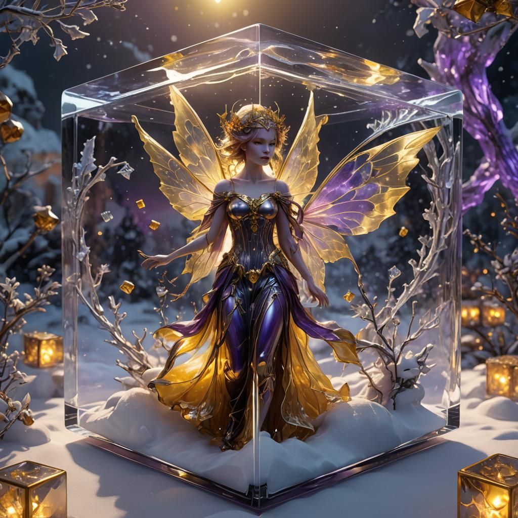 Winter Fairy in Glass Cube: Dark Fantasy Concept Art