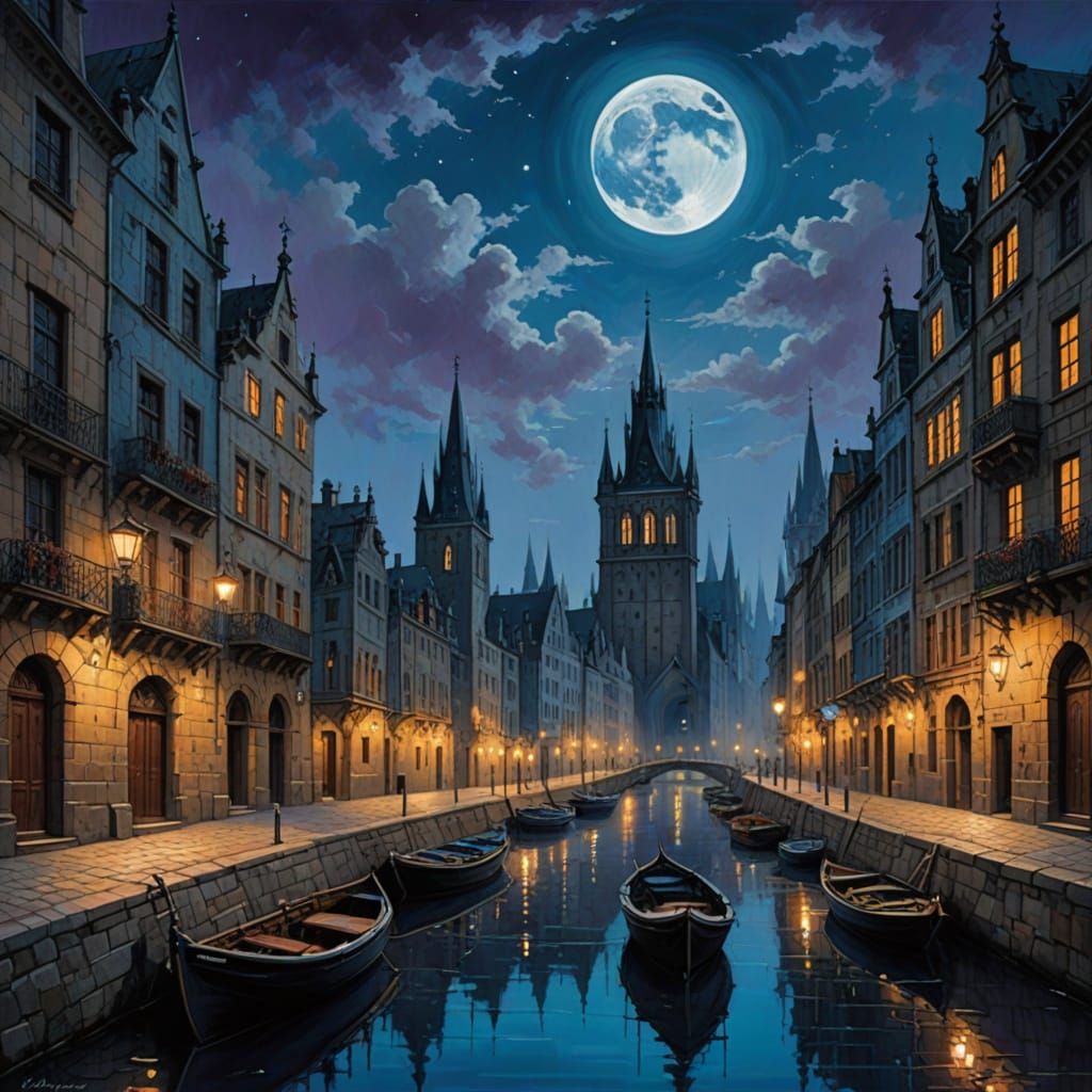 Dreamy Nocturnal Cityscape in Oil on Canvas, Inspired by Got...