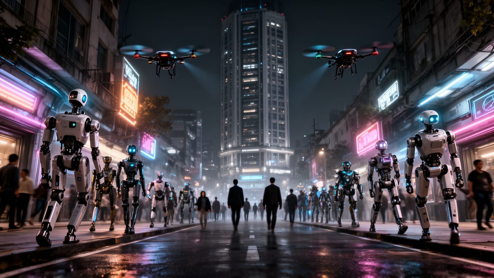 Futuristic City Street with Robots and Flying Cars