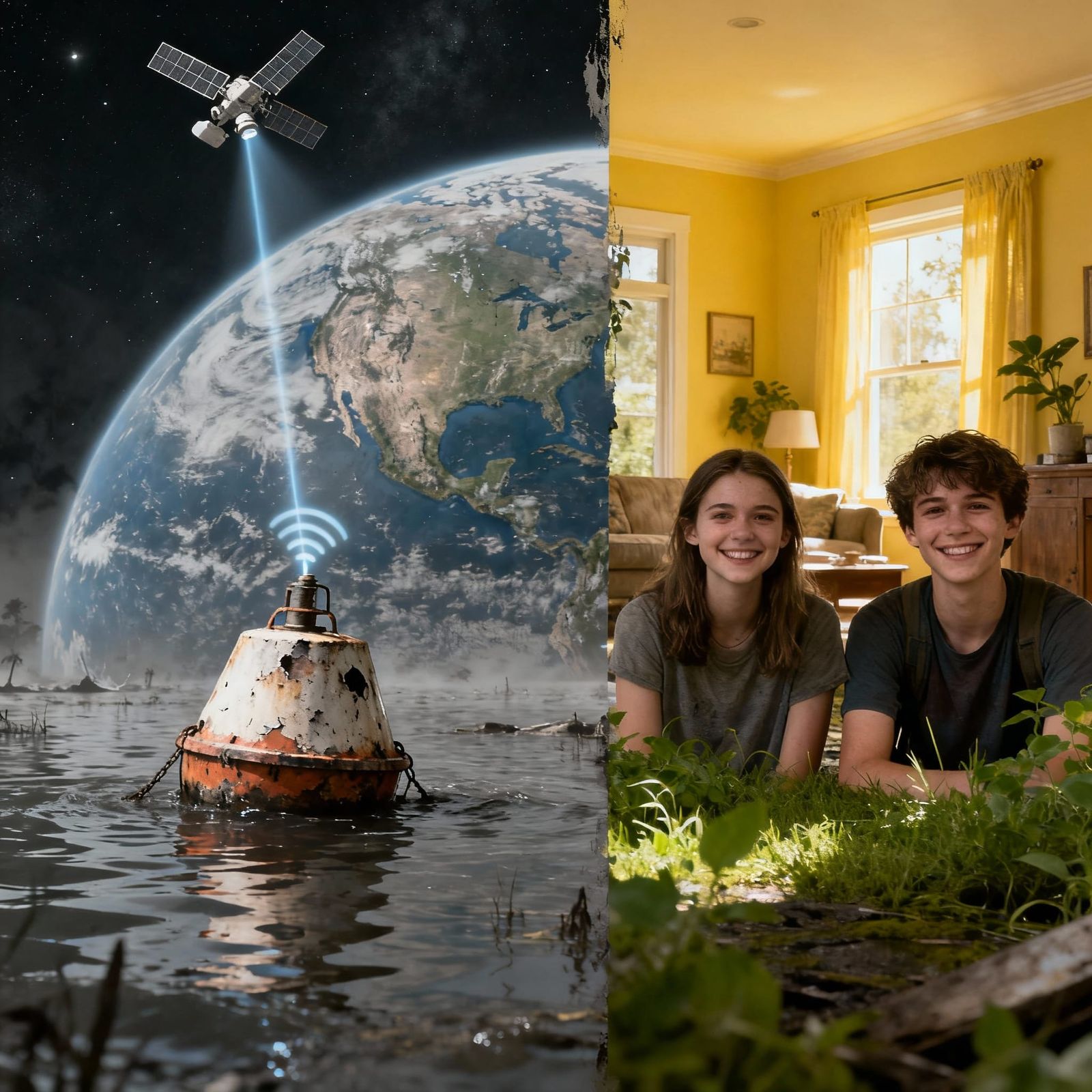 Post-apocalyptic, split image. A battered buoy on Earth cove...