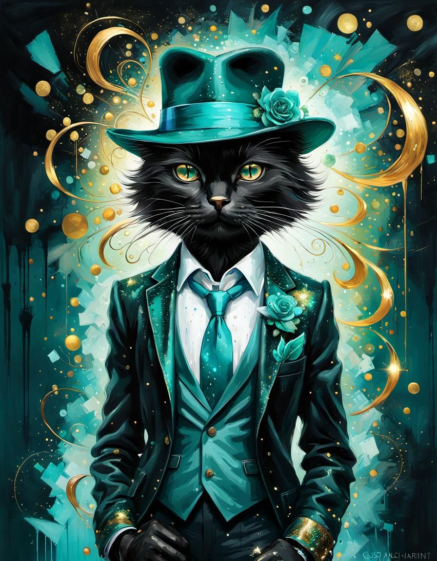 Black Cat Wearing a Green Fedora & Suit