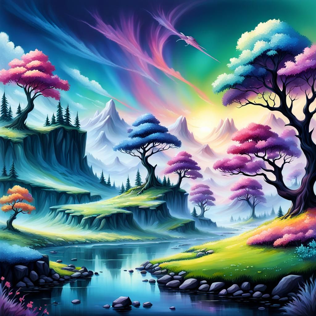 Colorful Fairy Landscapes in Airbrush Style