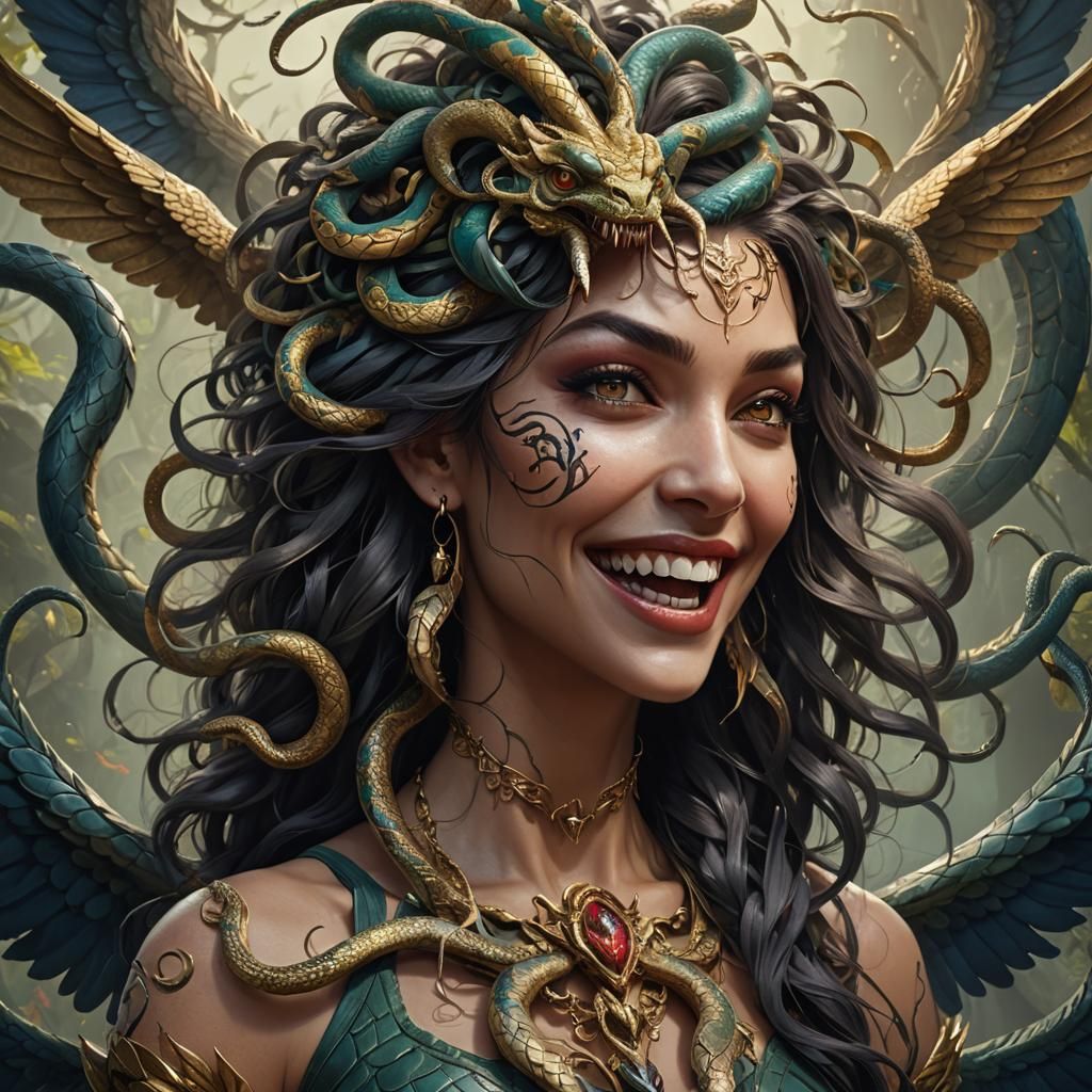 Winged Medusa with Serpent Hair, Digital Art
