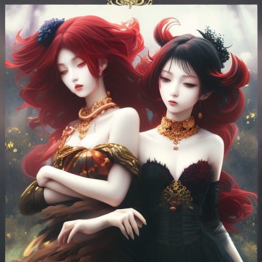 Red-Haired Twin Girls Hugging in Anime Art Nouveau