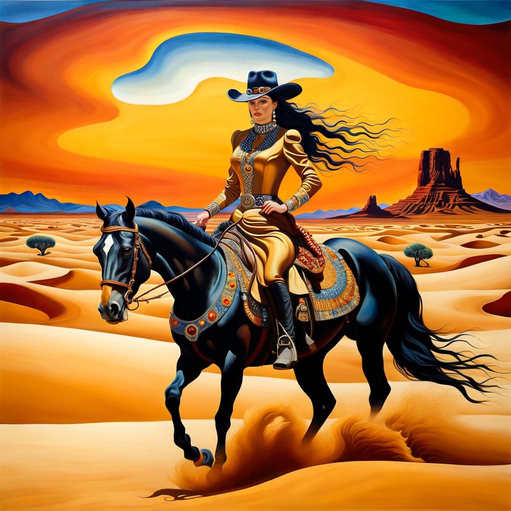 Surreal Cowgirl Galloping in Klimt-esque Desert