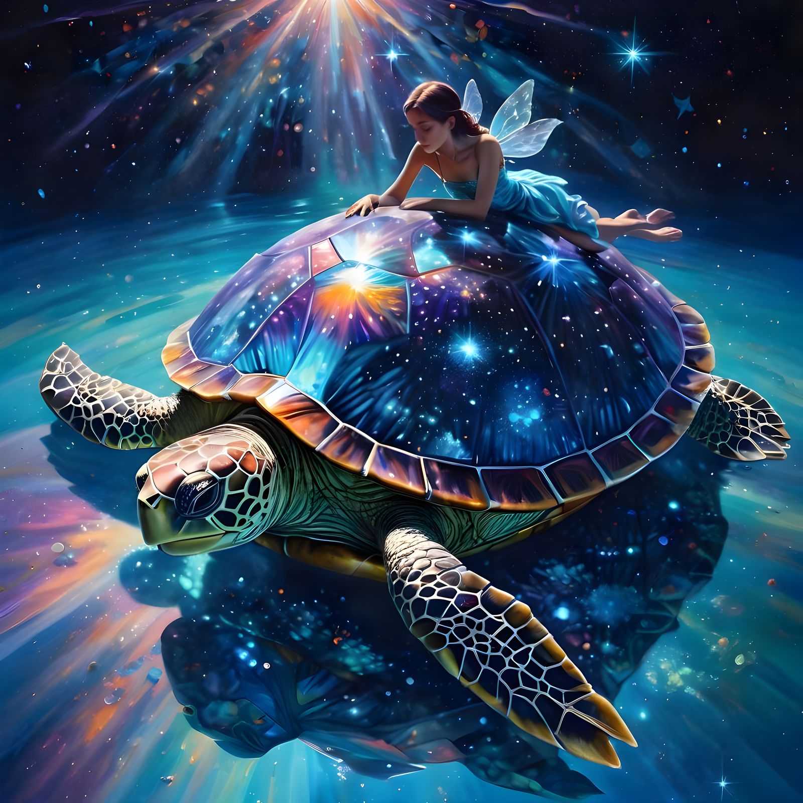 Fairy Stargazing on Crystal Turtle in Space