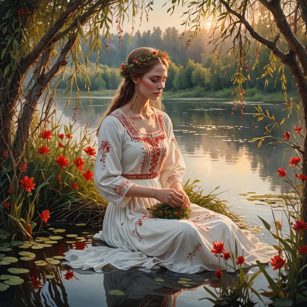 Slavic Woman with Wreath: Dreamy Digital Folk Art