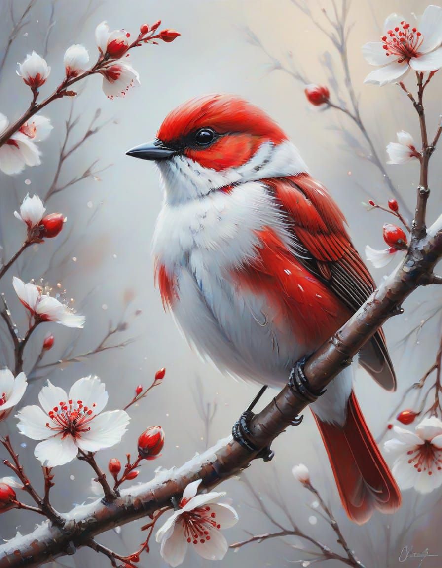 A Monochromatic Bird on a Branch in a Vibrant Red and White ...