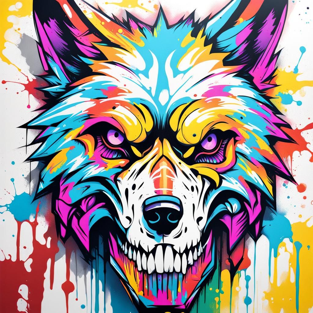 Skeleton Wolf in Graffiti Splash Art Style