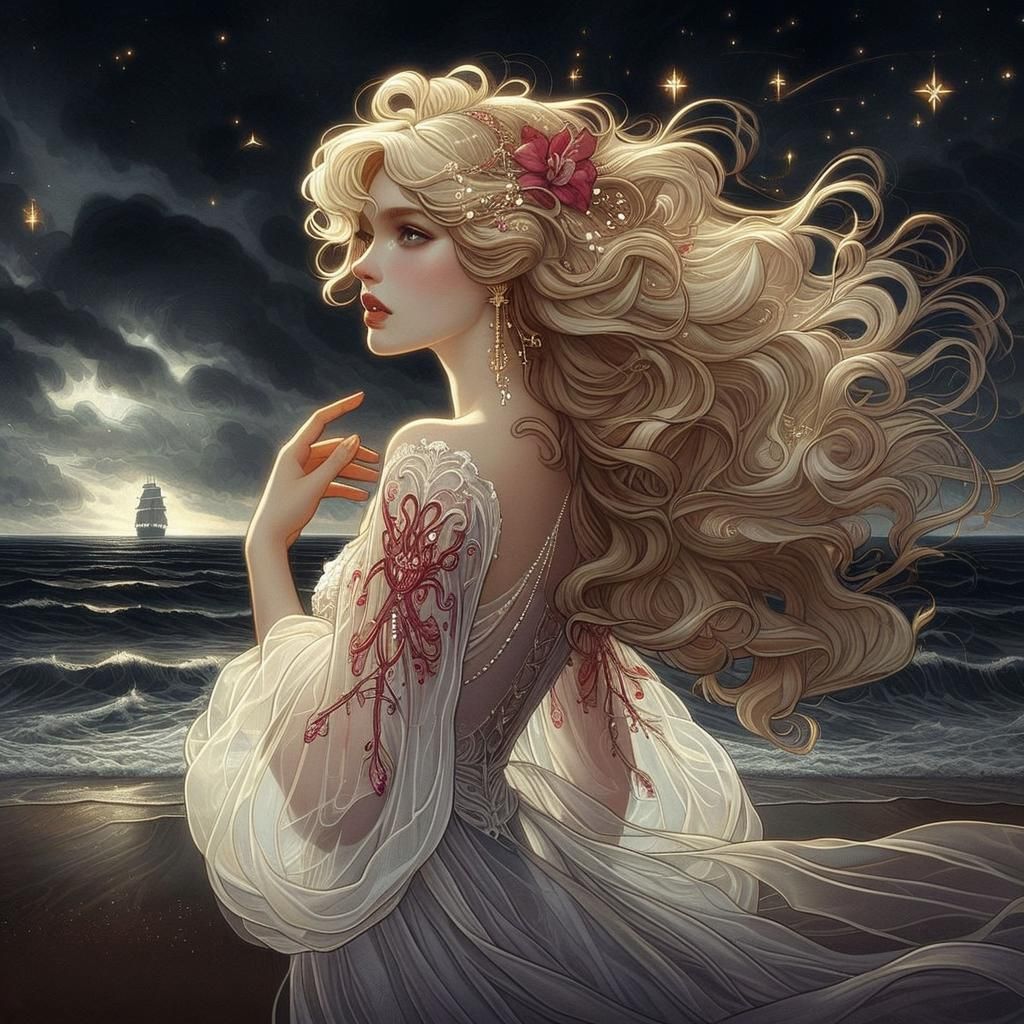 Ethereal Maiden on Stormy Shore in Art Nouveau Style