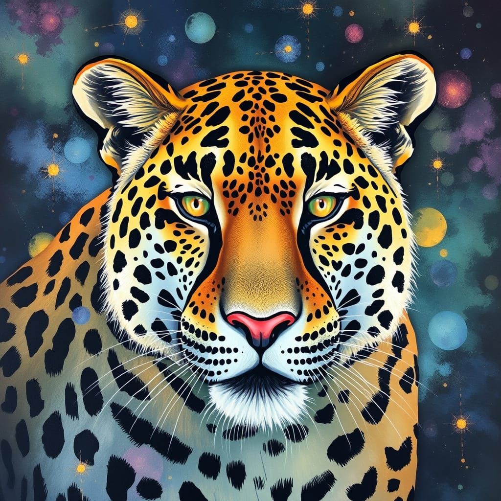 Leopard and Moon in Colorful Watercolor Rain